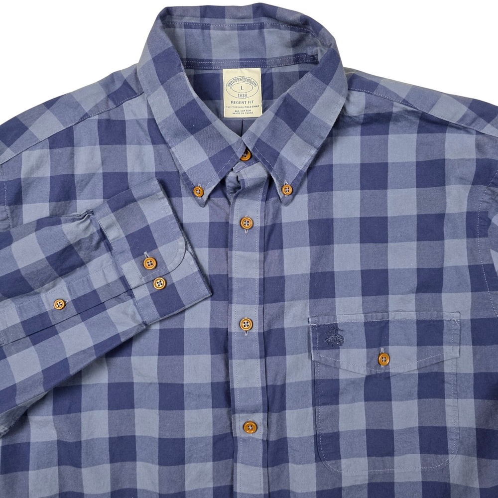 Brooks Brothers Regent Fit Gingham Plaid Button Down Shirt Mens Blue Cotton L